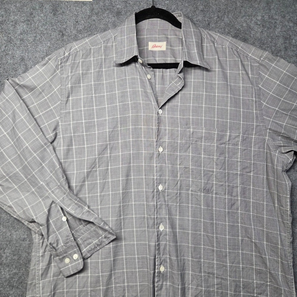 Brioni Mens Grey Glen Plaid Cotton Button Down Shirt Made in Italy Large